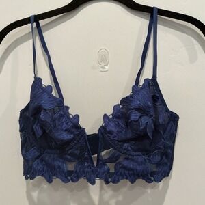 Navy Blue Lace Floral Bralette Bra Bustier V Neck - Y2K Long Line Bra Size S